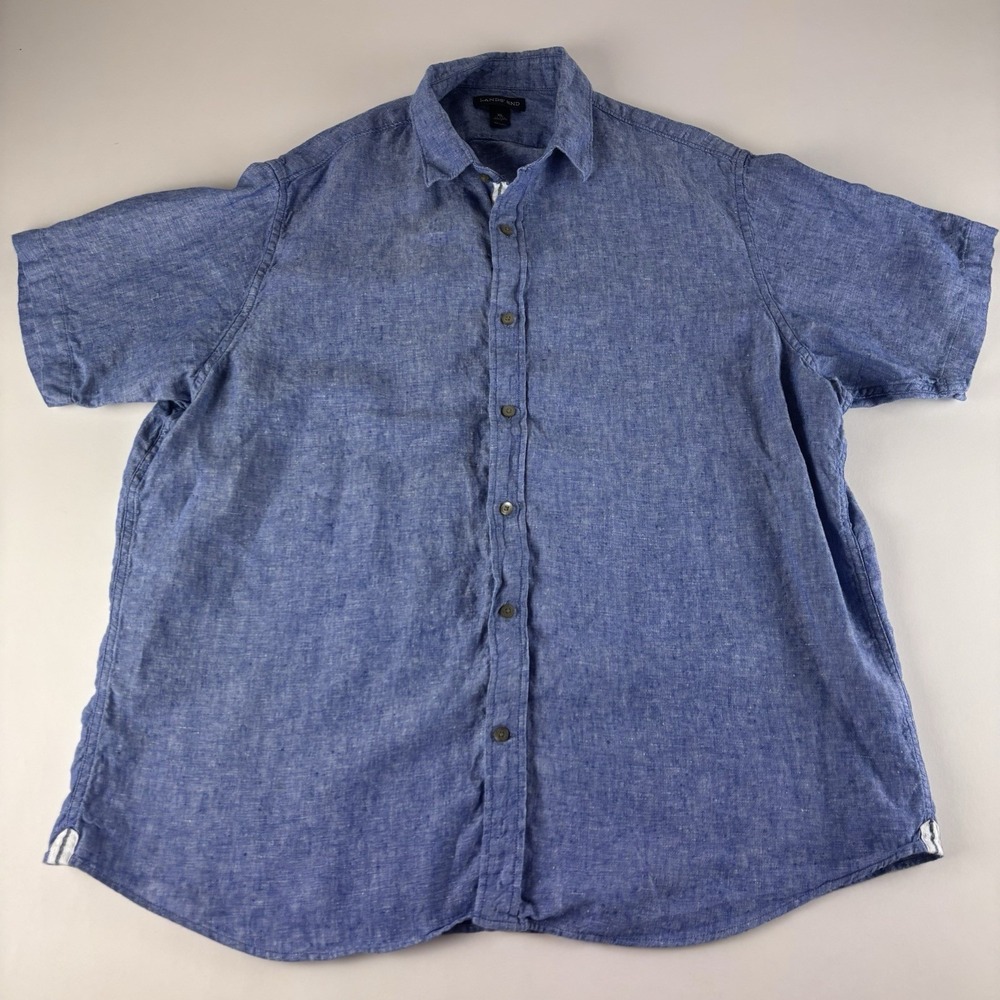 Lands' End 100% Linen Blue Chambray Short Sleeve Button Down Shirt Sz XL 17-17.5